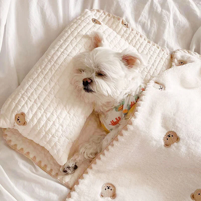 Cozy Embroidered Cotton Pet Pillow Quilt Bed Set - Holidayae