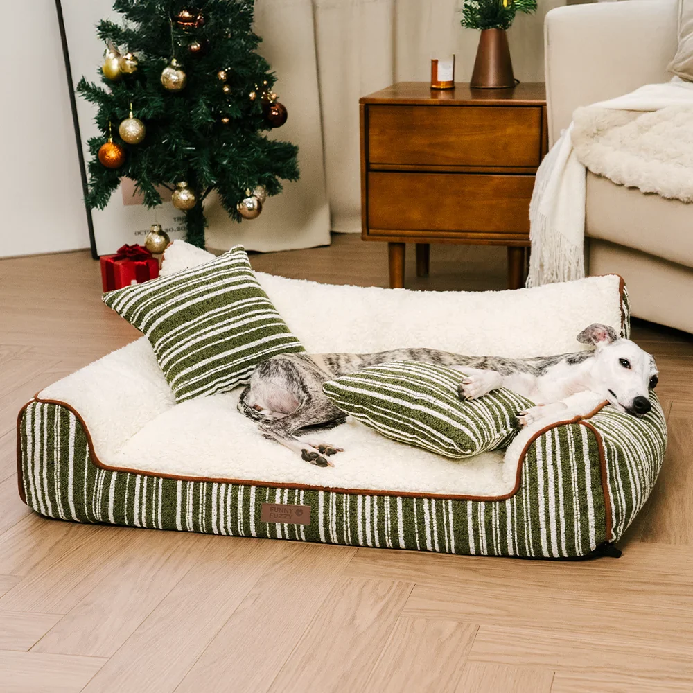 Plush Warm Stripe Orthopedic Dog & Cat Sofa Bed With Pillows- Grove Couch - Holidayae