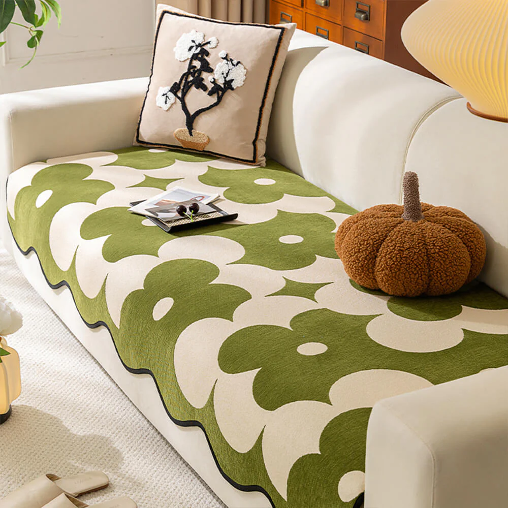 Elegant Floral Chenille Couch Cover with Wavy Border - Holidayae