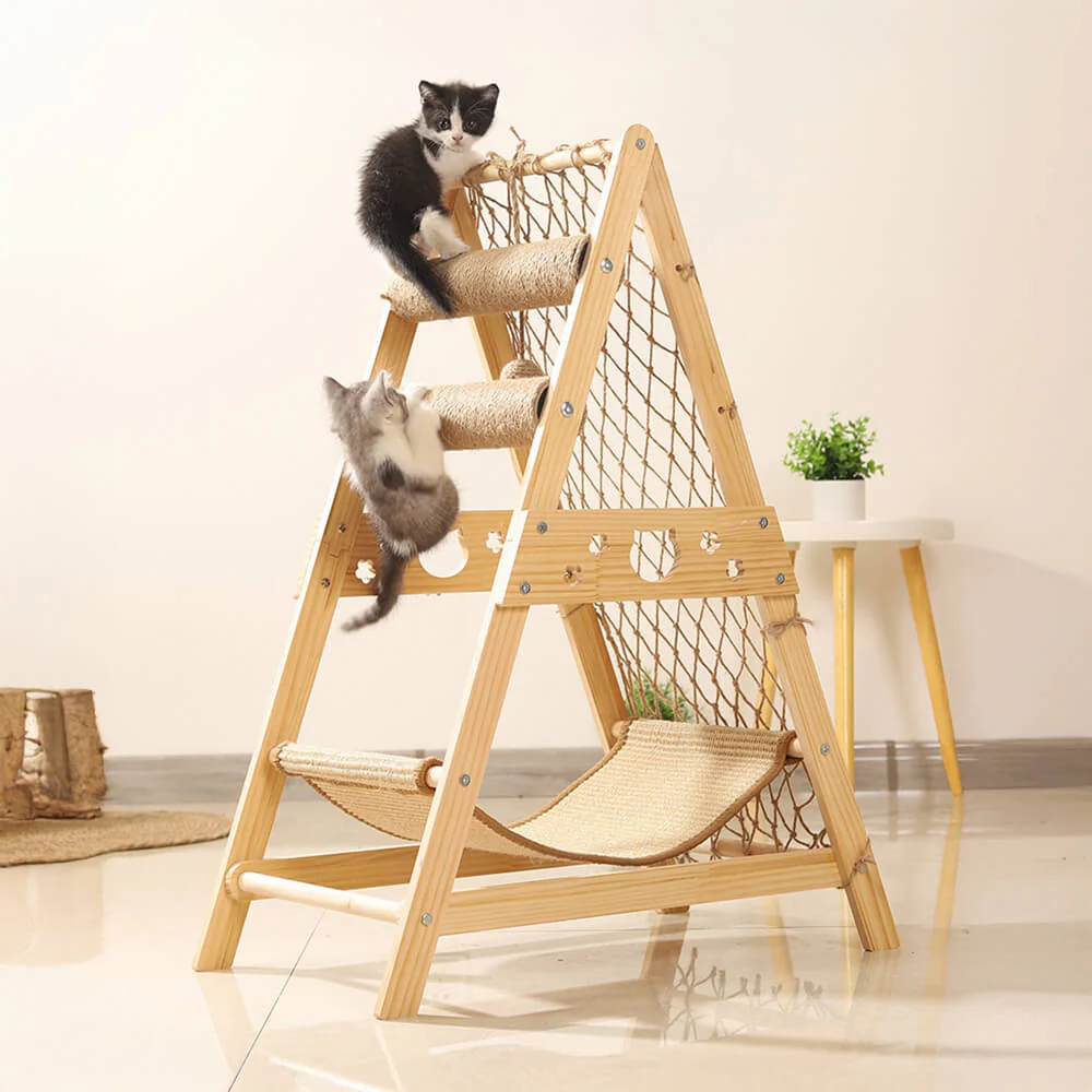 Modern Wooden Cat Tree Funny Scratching Post with Hammock Climbing Net - Holidayae