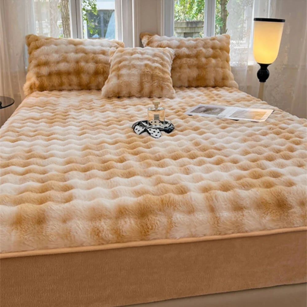 Gradient Cream Bubble Thickened Faux Rabbit Fur Warm Fitted Sheet Mattress Cover - Holidayae