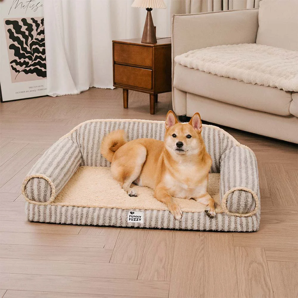 Fluffy Stripe Washable Orthopedic Dog & Cat Sofa Bed - Latte Nooki - Holidayae