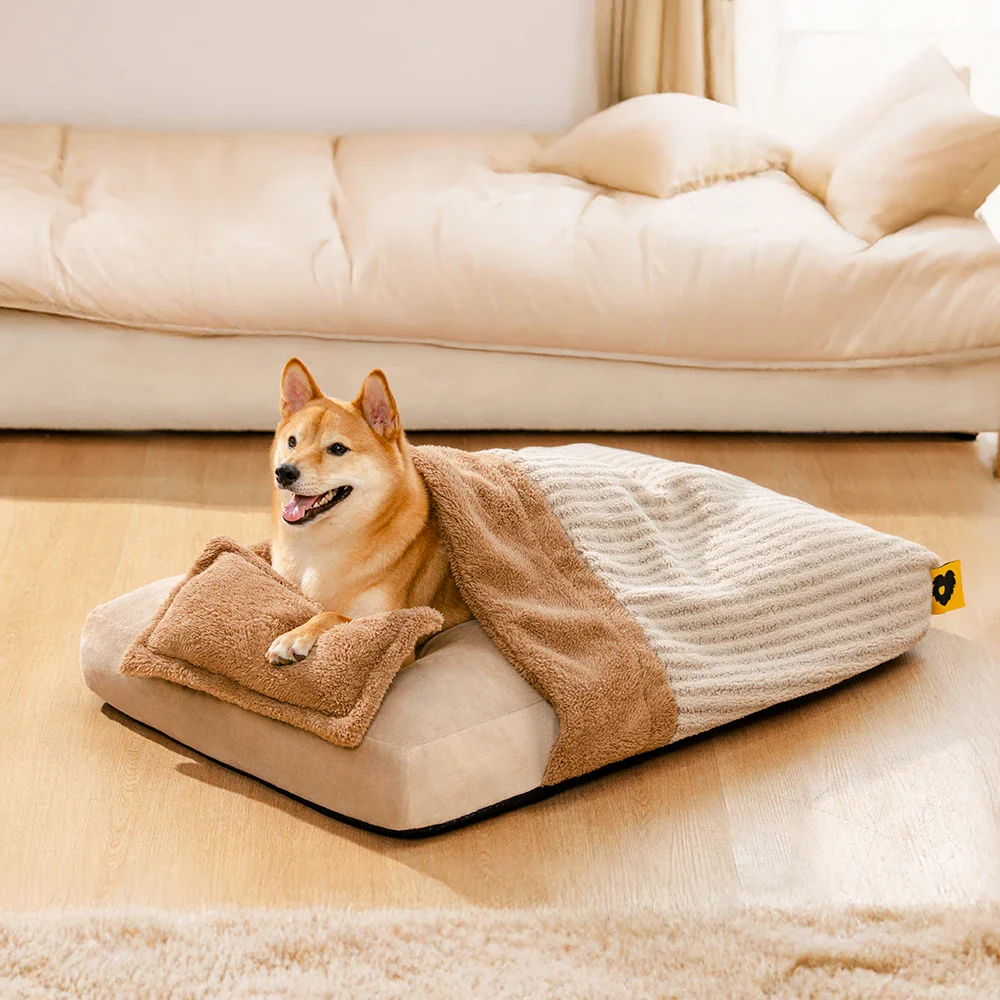 Plush Striped Cave Covered Orthopedic Dog Bed With Pillow - FluffyWarm - Holidayae