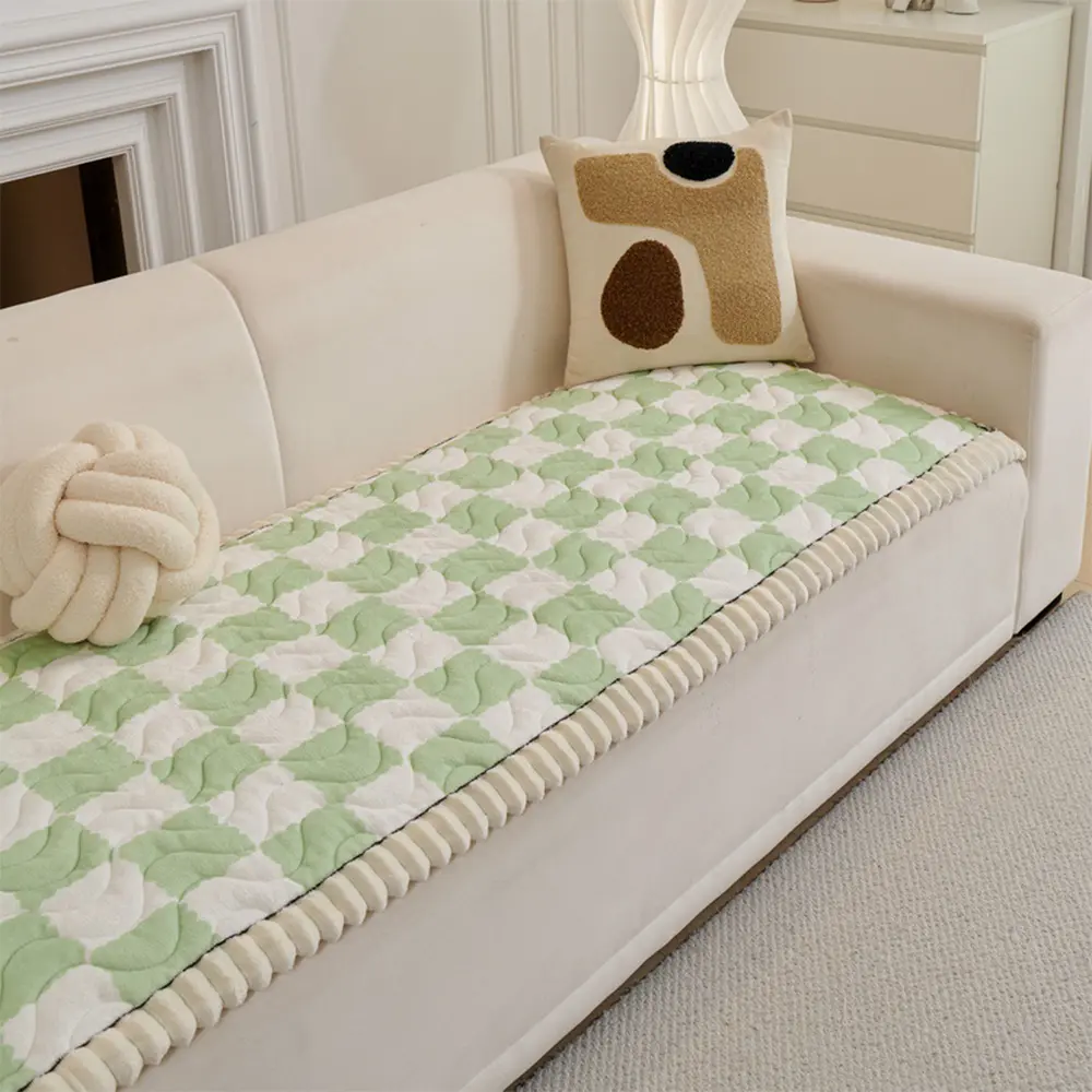 Checkered Velvet Sofa Pad Anti-Slip Quilted Couch Cover - Holidayae
