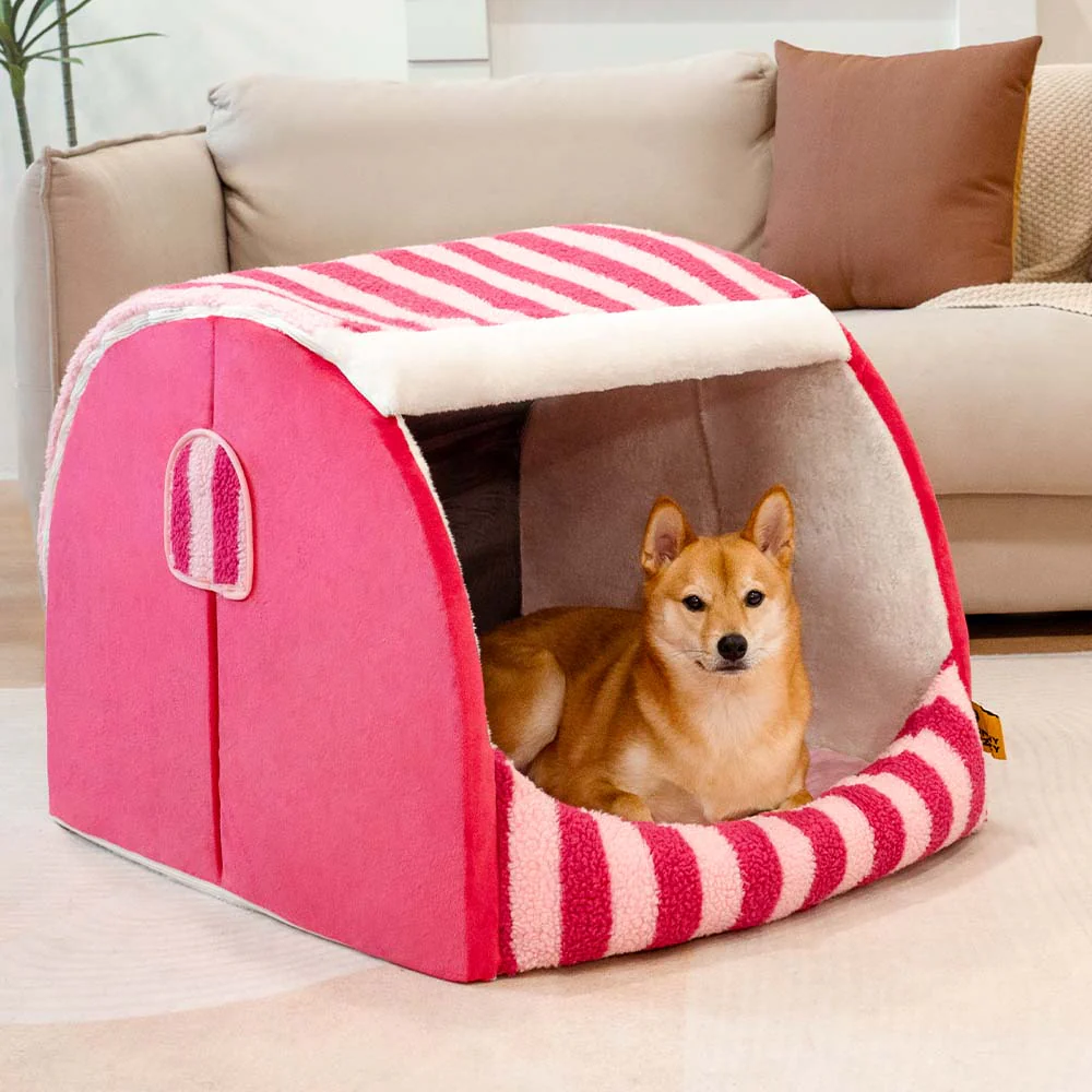Trendy Striped House Orthopedic Dog Bed - Cozy Hideaway - Holidayae