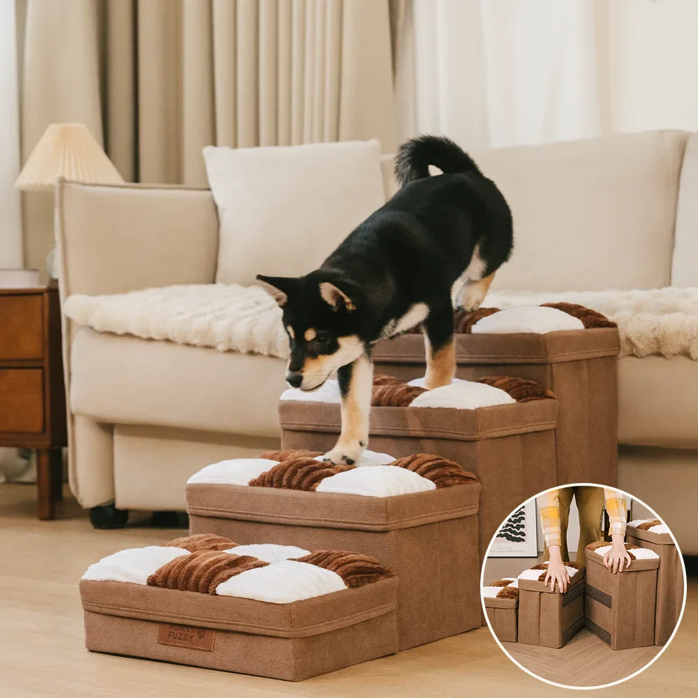 Detachable Chessboard Plaid Handcrafted Dog Stairs with Storage - Foldable Steps - Holidayae