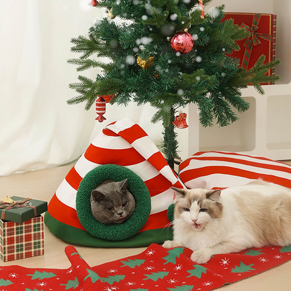 Classic Christmas Hat Warm Washable Semi-Enclosed Cat Cave Bed - Holidayae