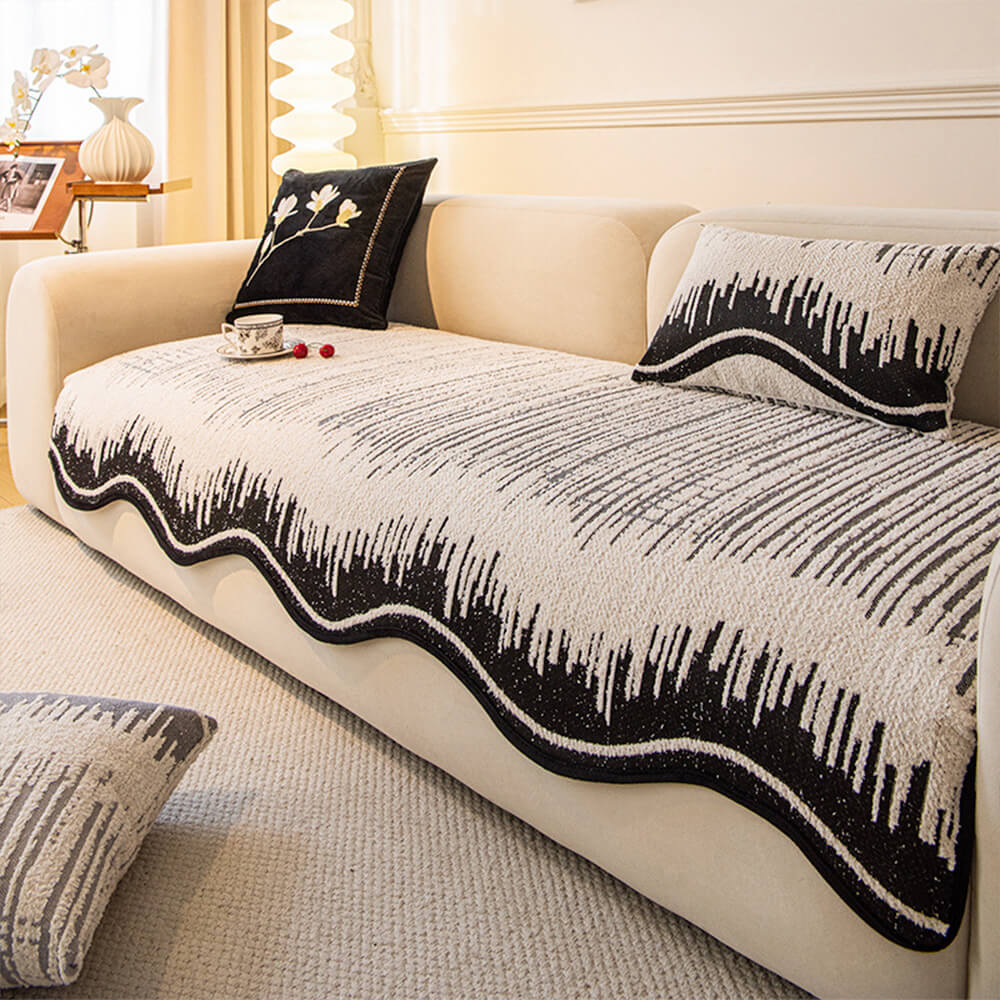 Modern Abstract Lines Plush Couch Cover with Wavy Edges - Holidayae