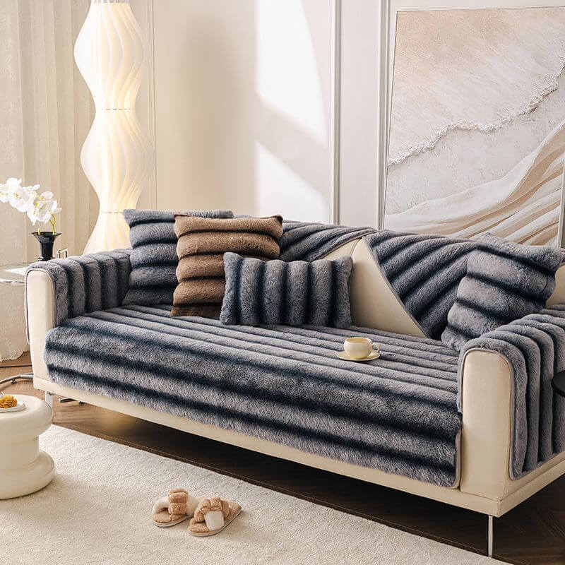 Striped Faux Rabbit Fur Sofa Protector Durable And Stain-Resistant Couch Cover - Holidayae