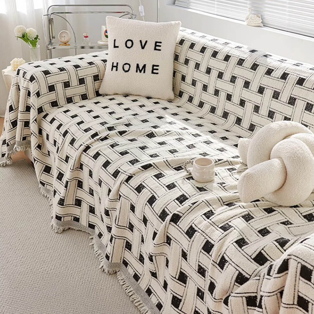 Stylish Checkered Fringed Tassel Chenille Sofa Protector Throw Couch Cover - Holidayae