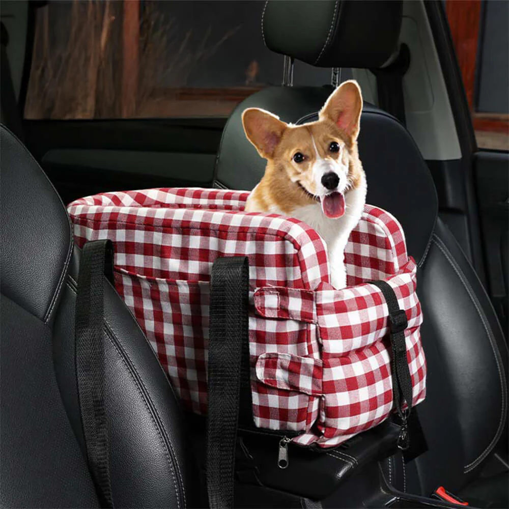 Stylish Plaid Portable Travel Dog Car Safety Seat Central Console - Holidayae