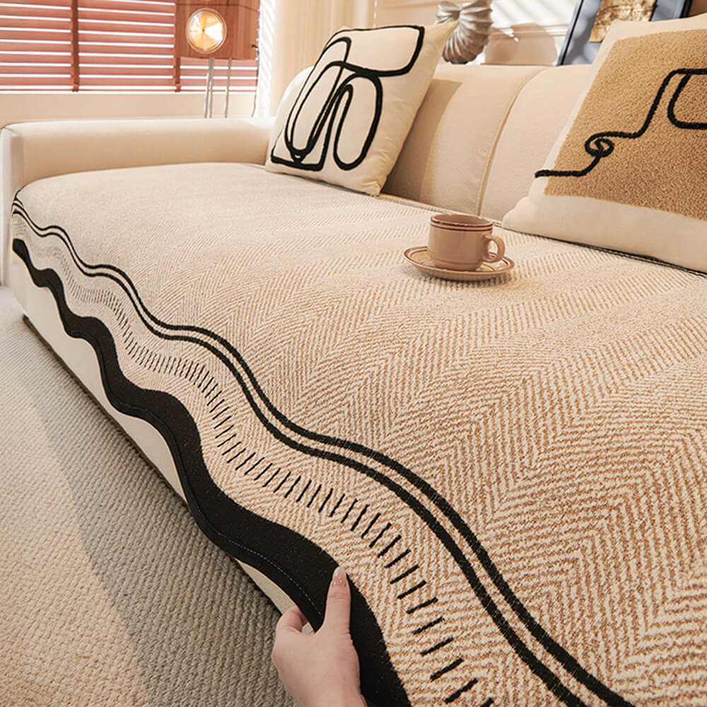 Non-Slip Herringbone Chenille Couch Cover with Wavy Edges - Holidayae