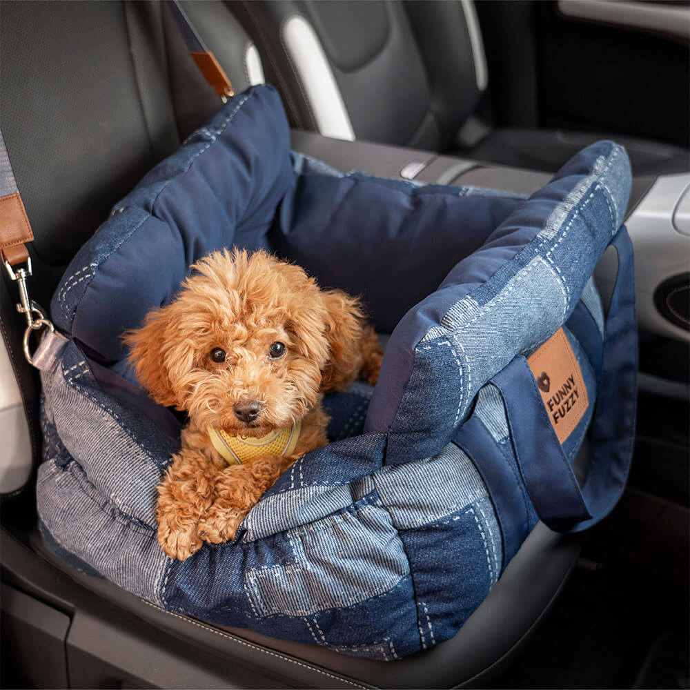 Travel Safety Bolster Vintage Denim Patchwork Dog Car Seat Bed - Holidayae