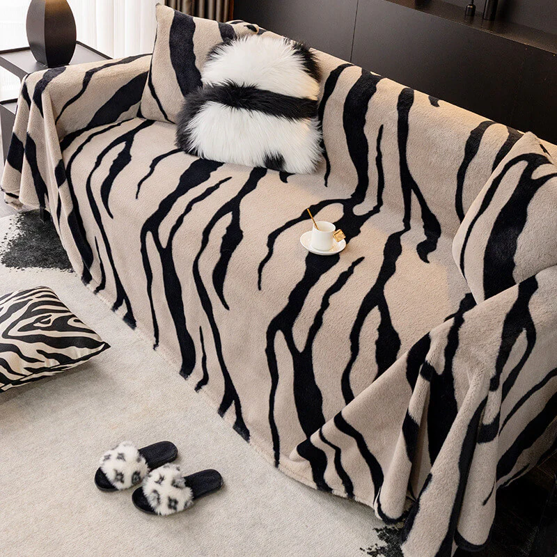 Luxurious Zebra-Print Fluffy Plush Sofa Protector Stylish Couch Cover - Holidayae