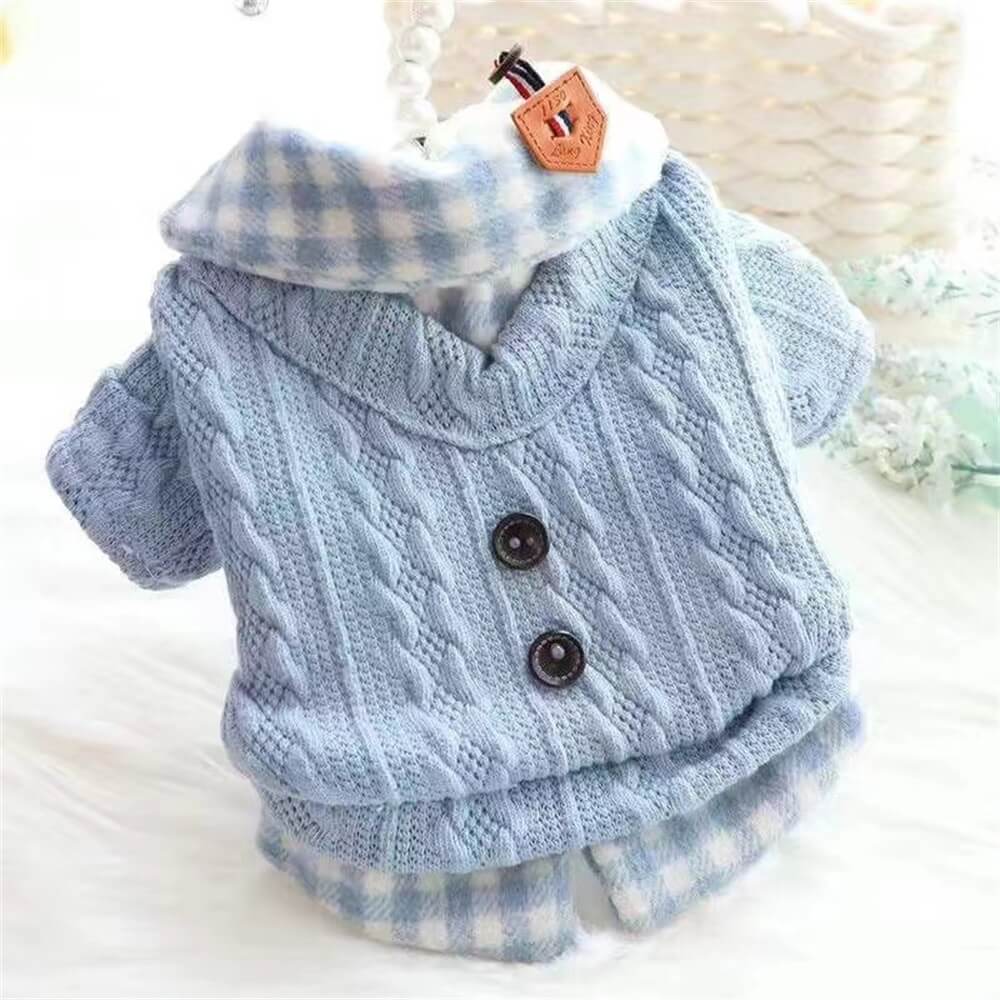 Cozy Knitted Dog Sweater with Plaid Collar  C Available in Pink & Blue - Holidayae