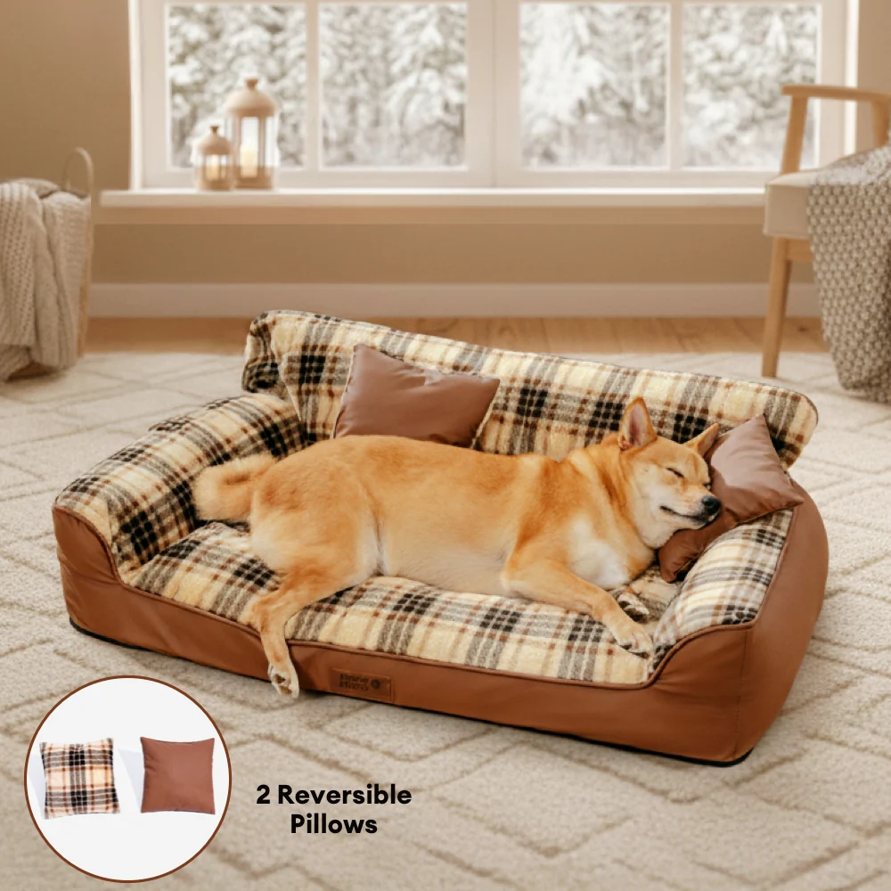 Vintage Plaid Plush Orthopedic Dog Sofa Bed with Pillows - CozyLuxe - Holidayae