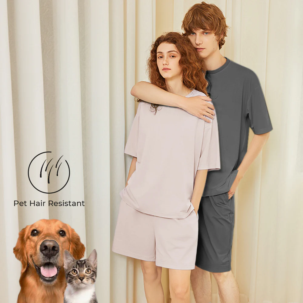 Eco-friendly Pet Hair Resistant Pure Color Crew Neck Short Sleeve Couples Pajama Set - Holidayae
