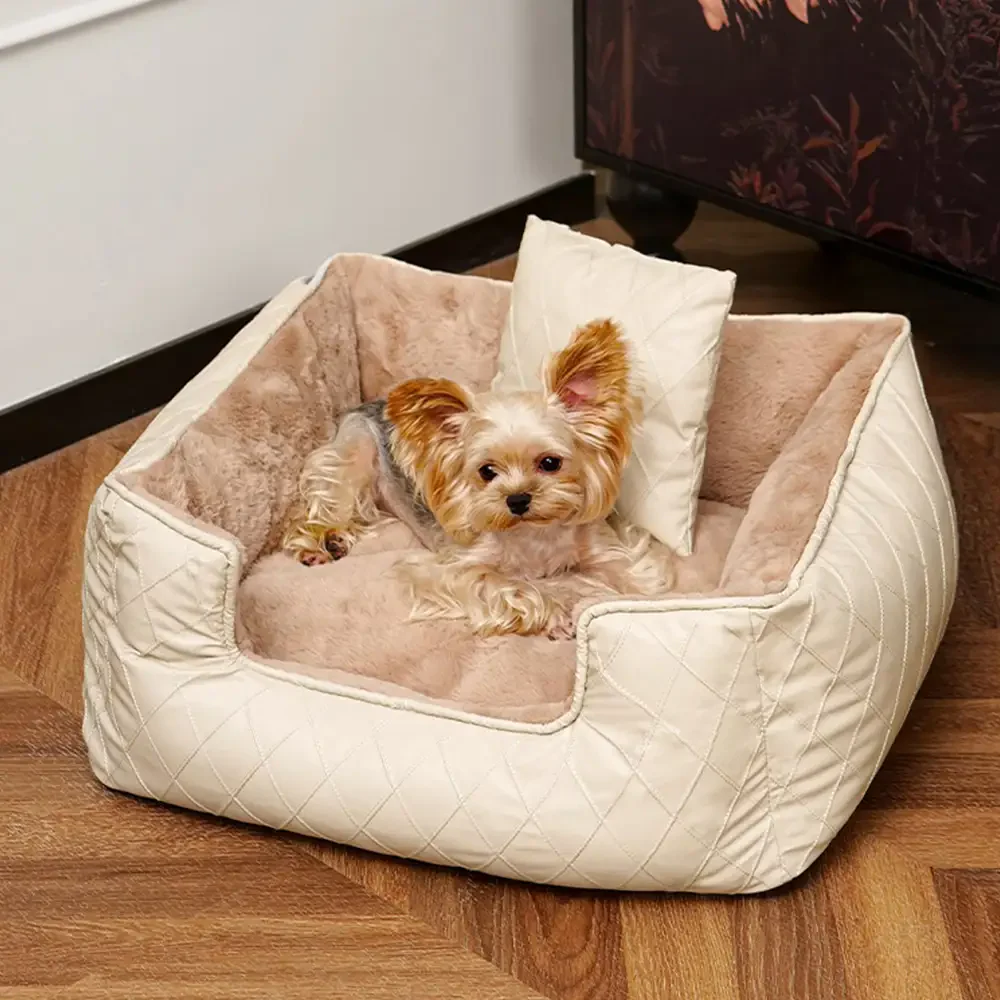 Cozy Diamond Faux Leather Square Dog Bed for Puppies - Holidayae