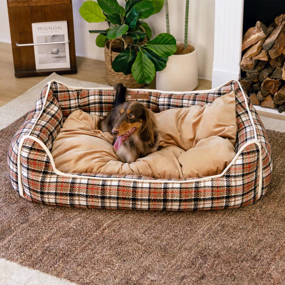 Classical Retro Plaid Removable Bolster Calming Dog Bed - Nostalgic Retreat - Holidayae