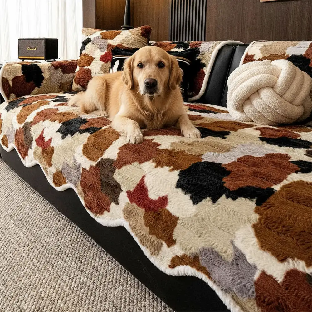 Stylish Color-Blocked Faux Rabbit Fur Soft Non-Slip Irregularly Shaped Couch Cover - Holidayae