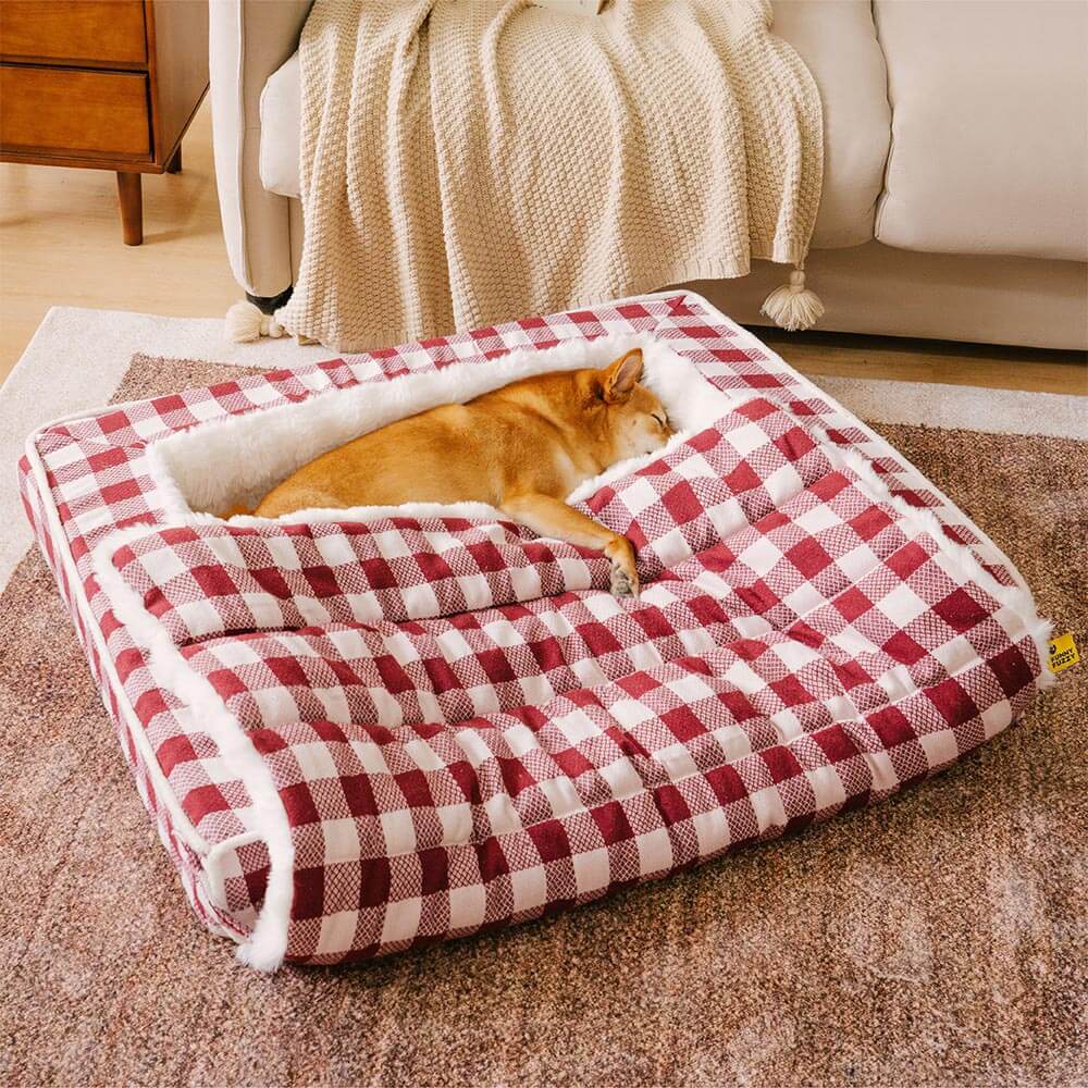 Classic Plaid Ergonomic Calming Dog Bed - Expandable  Washable - Holidayae