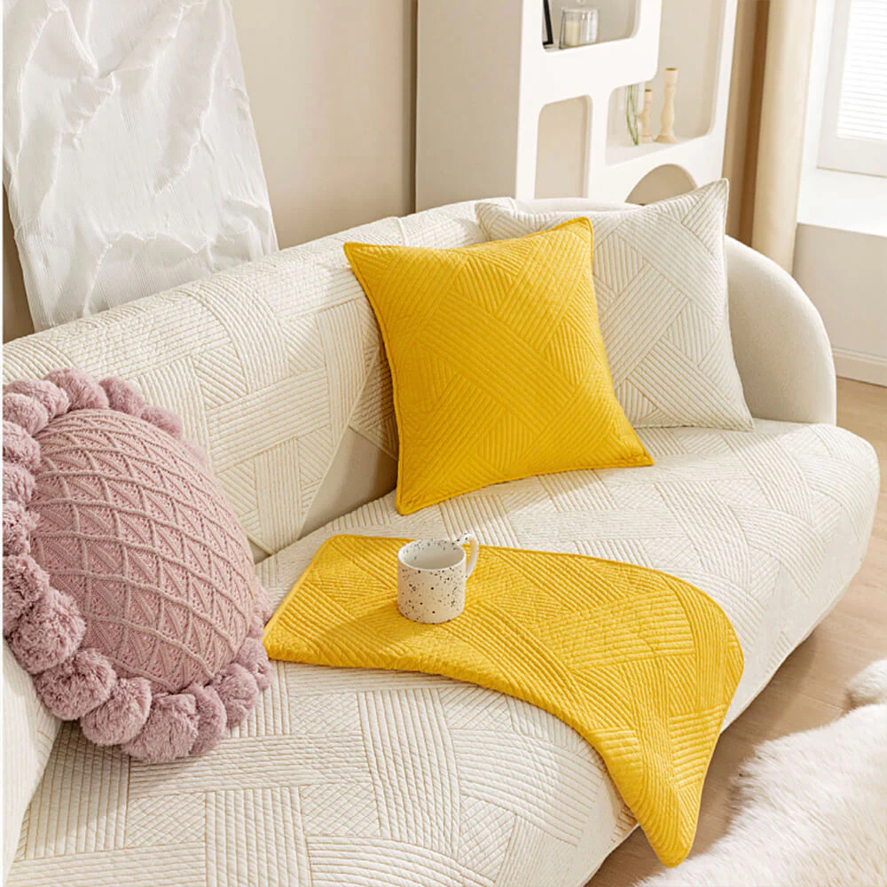 Minimalist All-Season Solid Cotton Geometric Quilted Anti-Slip Couch Cover - Holidayae