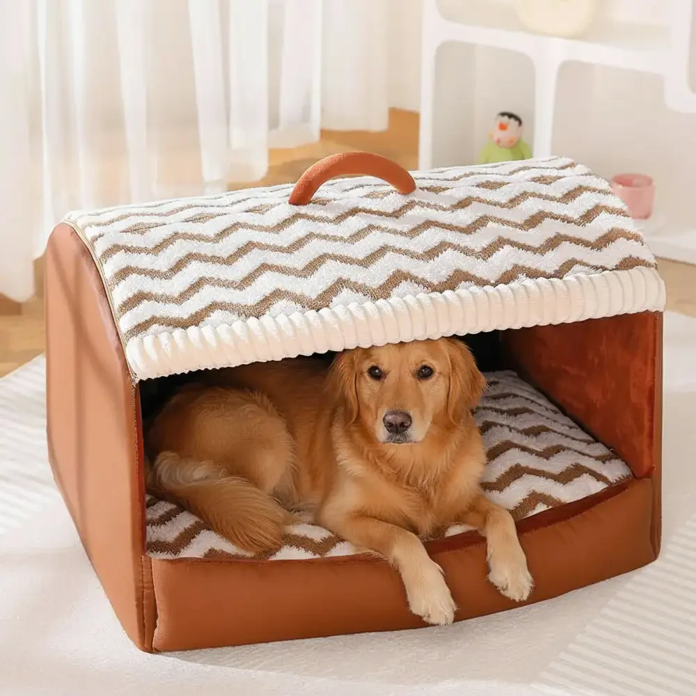 Cozy Cabin Portable Semi-Enclosed Dog Bed with Roof Warming And Durable - Holidayae