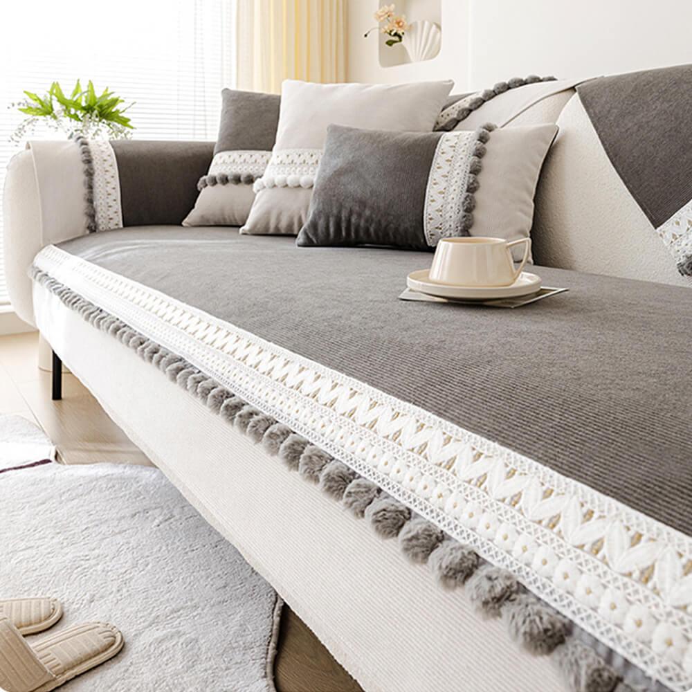 All-Season Water-resistant Anti-Scratch Soft Corduroy Couch Cover with Pom-Poms - Holidayae