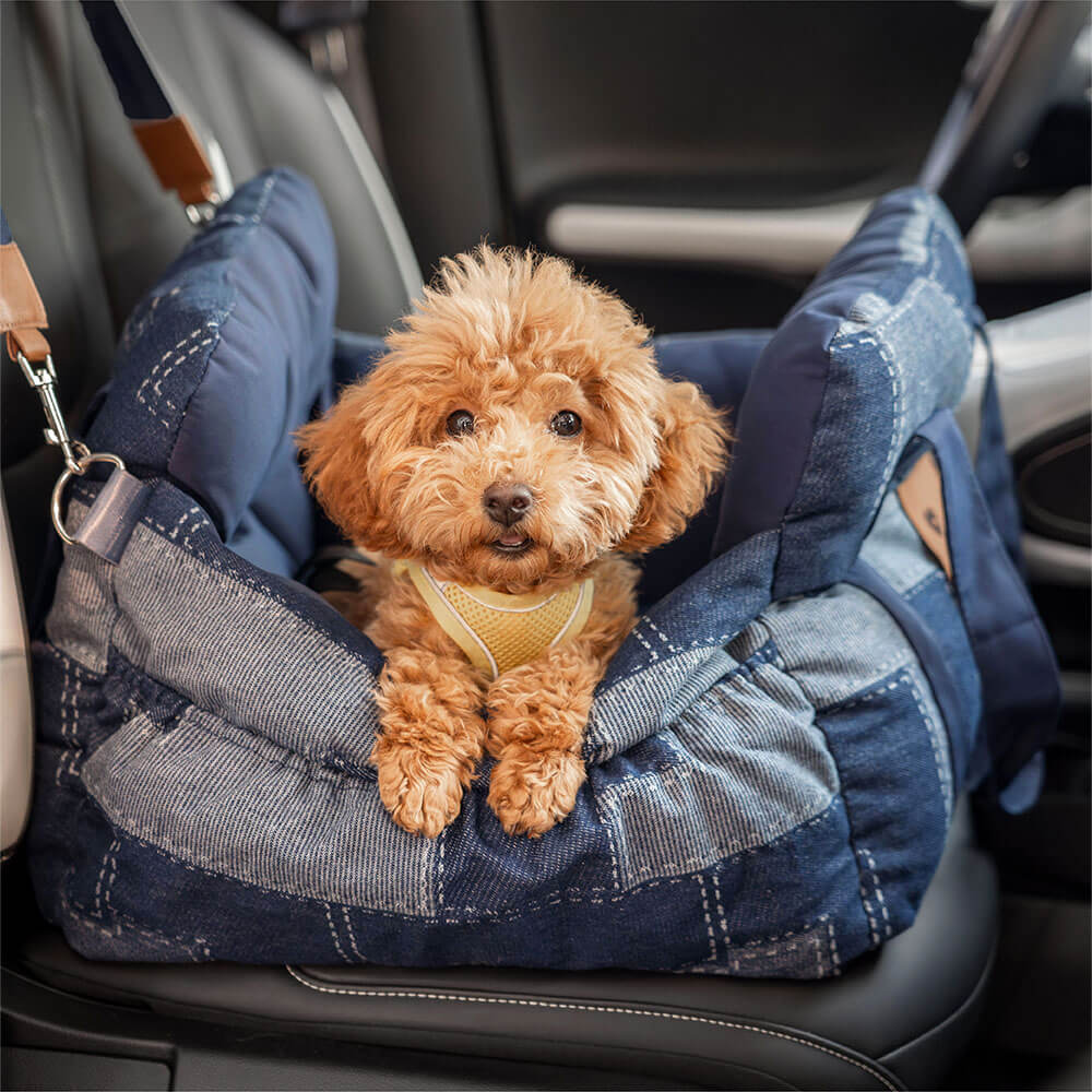 Travel Safety Bolster Vintage Denim Patchwork Dog Car Seat Bed - Holidayae