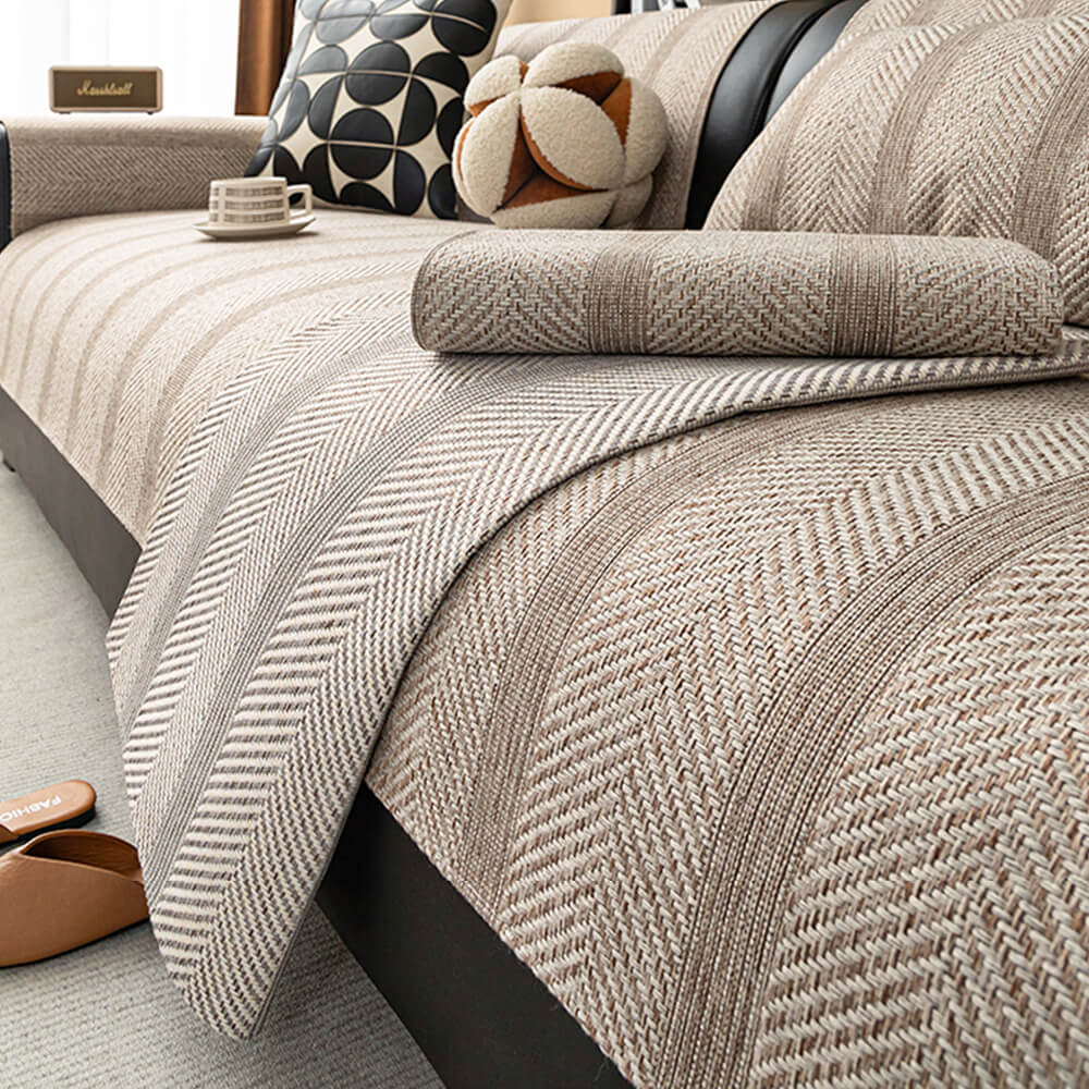 Minimalist Herringbone Weave Breathable Faux Linen All-Season Couch Cover - Holidayae