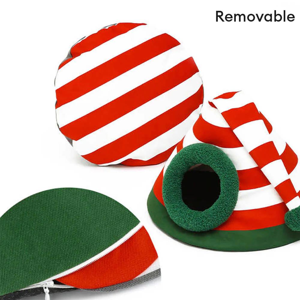 Classic Christmas Hat Warm Washable Semi-Enclosed Cat Cave Bed - Holidayae
