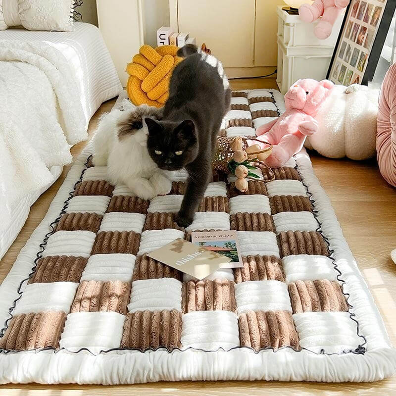 Cream-colored Large Plaid Square Fuzzy Pet Dog Mat Bed Couch Cover - Holidayae