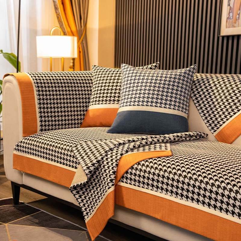 Classic Houndstooth Print Chenille Non-slip Couch Cover - Holidayae