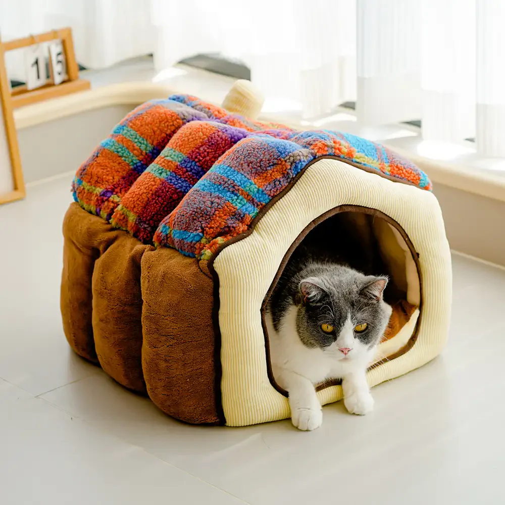 Plaid Retro Cozy Cave-Style Warm Deep Sleeping Dog & Cat Bed - Retro House - Holidayae