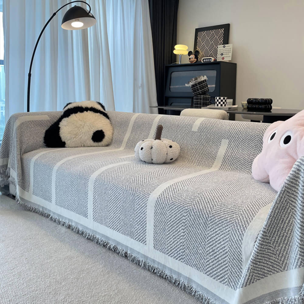 Herringbone Pattern Fringed Chenille Throw Couch Cover - Holidayae