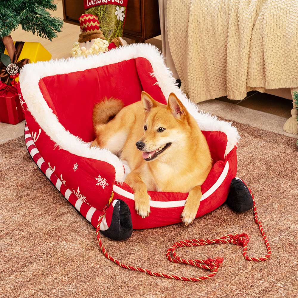 Festive Plush Cozy Dog Bed - Christmas Sleigh - Holidayae