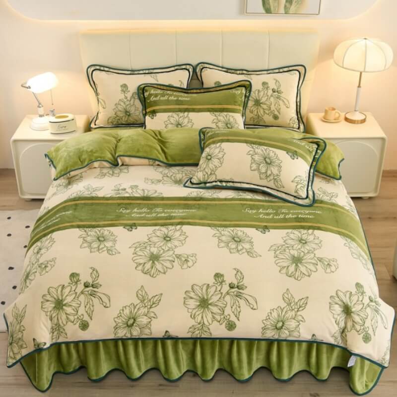 Floral Elegance Milk Velvet Bed Sheet Set with Bed Skirt - Holidayae