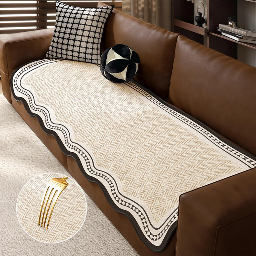 Durable Herringbone Pattern Anti-Slip Couch Cover with Wavy Trim  C Pet Scratch Resistant - Holidayae