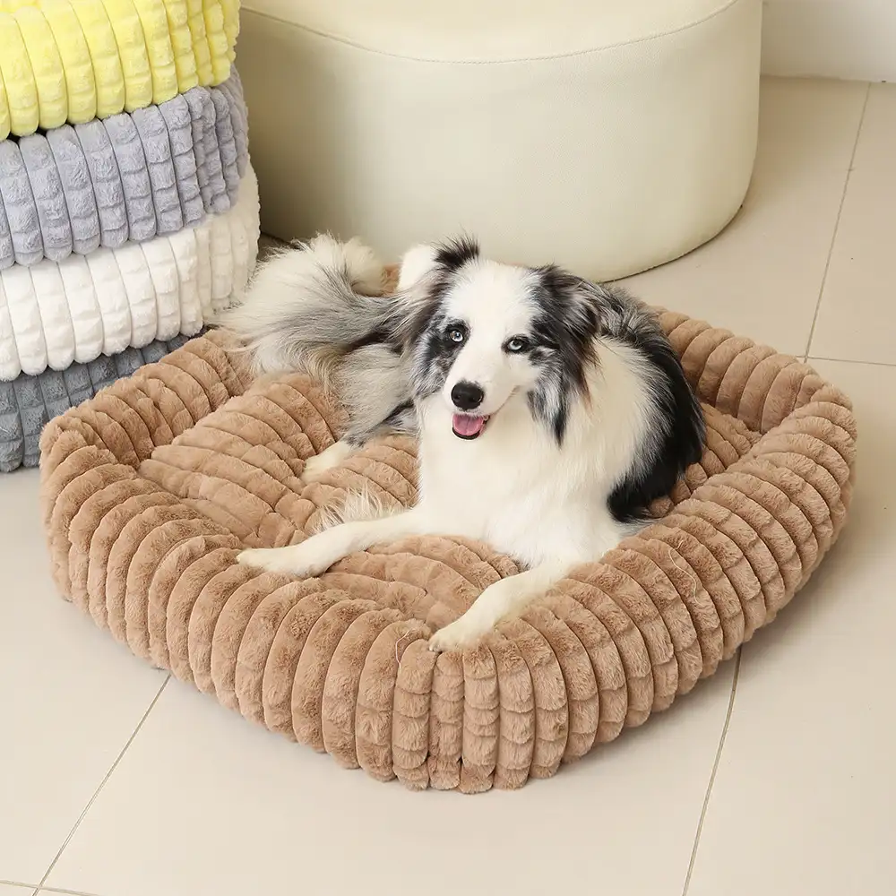 Square Striped Short Plush Fluffy Dog Bed for Small to Large Dogs   Deep Rest - Holidayae