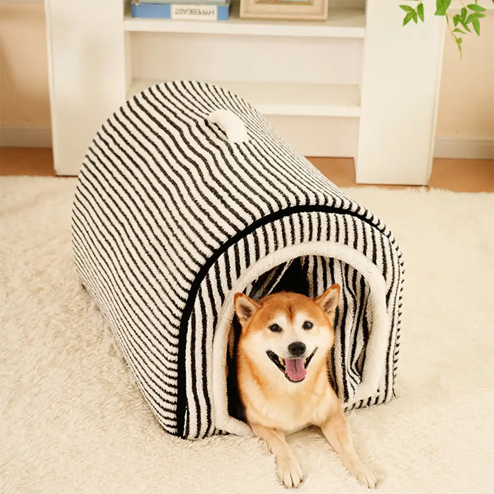 Striped Cave-Style Warm Deep Sleeping Snug Cat Cave Dog House - Holidayae
