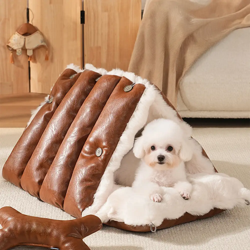 Faux Leather Vintage Multi-function Plush Dog Bed Convertible Dog Car Seat - Holidayae