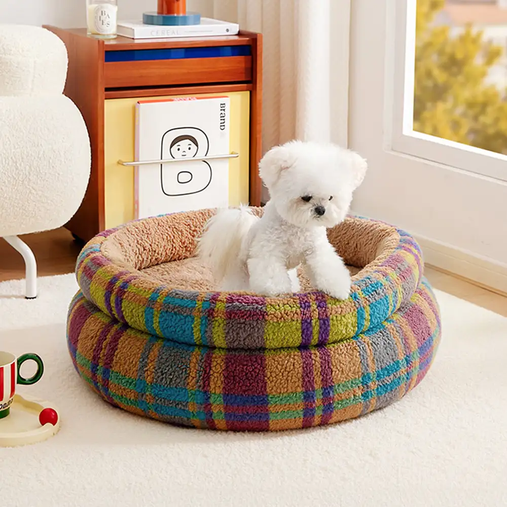Round Plush Comfort Dog Bed With Raised Sides - Cuddling Bed - Holidayae