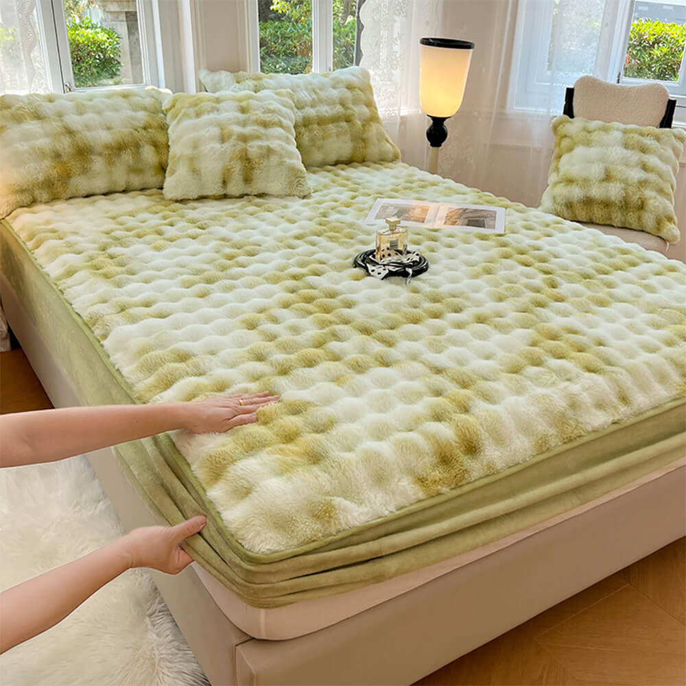 Gradient Cream Bubble Thickened Faux Rabbit Fur Warm Fitted Sheet Mattress Cover - Holidayae