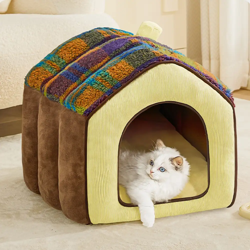 Plaid Retro Cozy Cave-Style Warm Deep Sleeping Dog & Cat Bed - Retro House - Holidayae