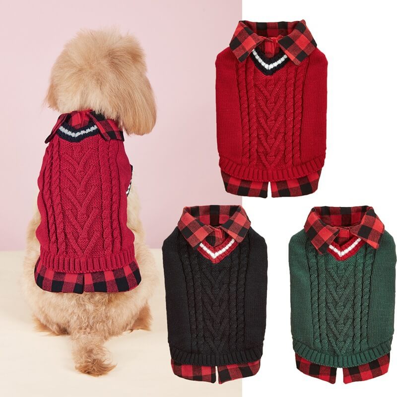 Perfect for Fall Winter Plaid Collar Cable Knit Dog Sweater Vest - Holidayae
