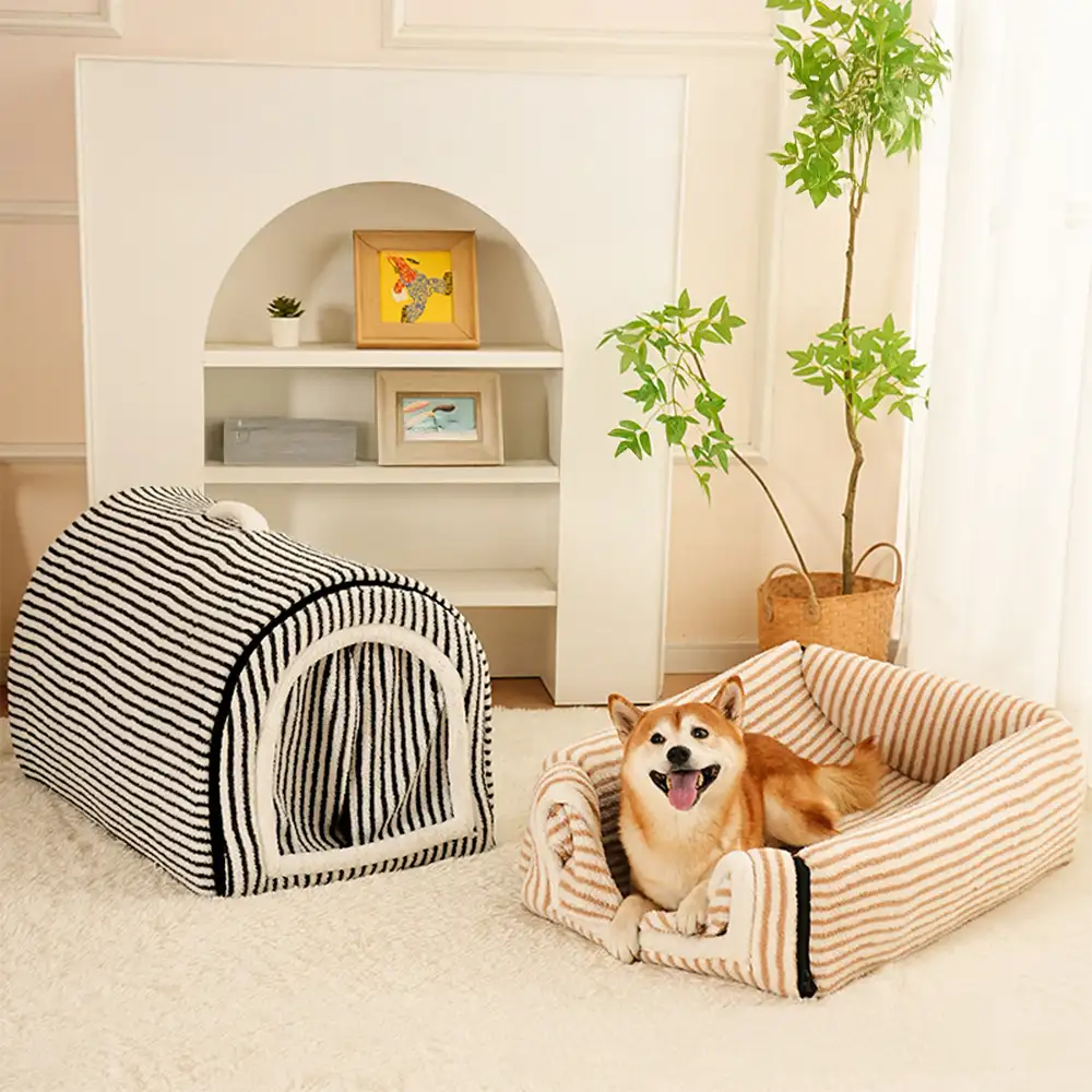 Striped Cave-Style Warm Deep Sleeping Snug Cat Cave Dog House - Holidayae