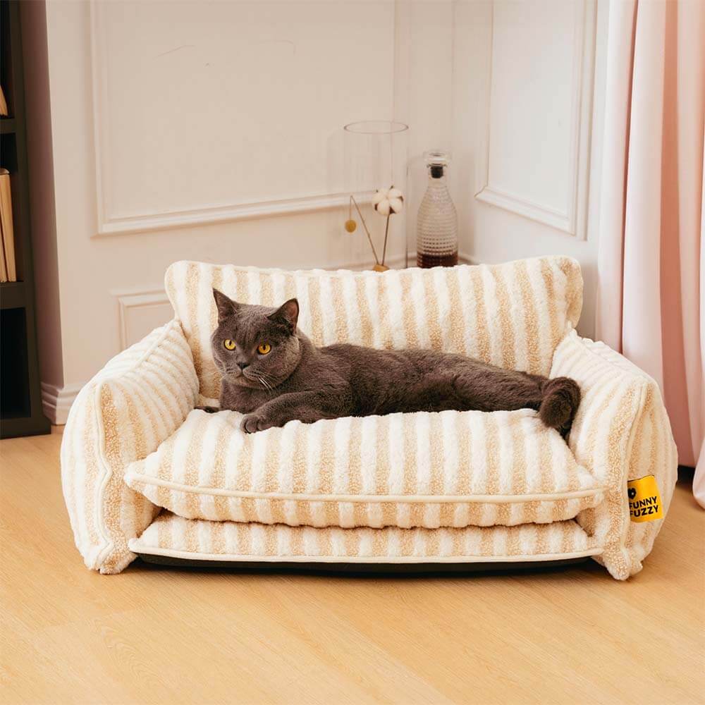 Trendy Striped Faux Lambswool Double Layer Cat Couch Sofa Bed - Holidayae