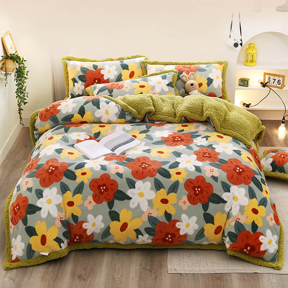 Floral Print Milk Velvet & Sherpa Double-Sided Bed Sheet Set - Holidayae