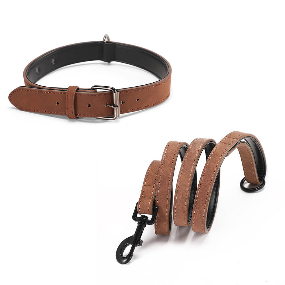 Vintage Faux Leather Soft Neck Protector Dog Collar Leash Set - Holidayae