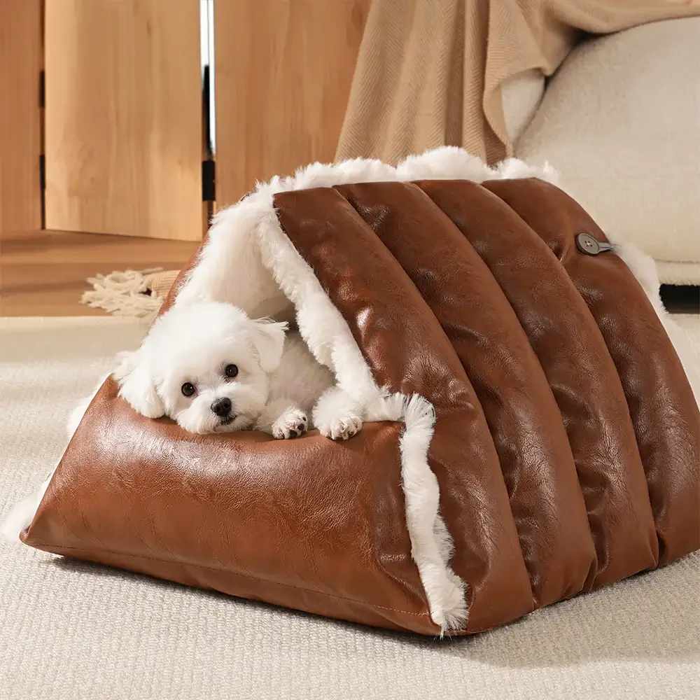 Faux Leather Vintage Multi-function Plush Dog Bed Convertible Dog Car Seat - Holidayae